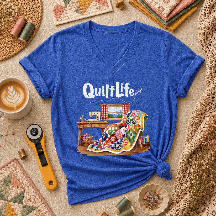 Quilt Life Cozy Sewing Machine Patchwork Women's V-Neck - Heather True Royal