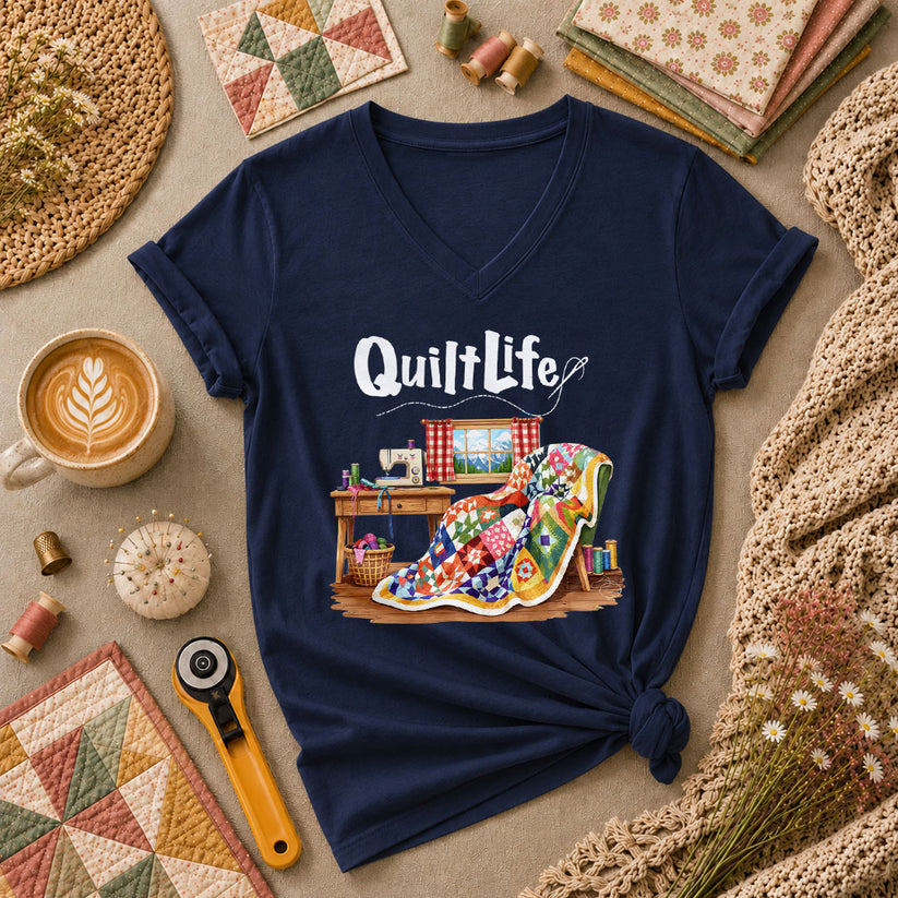 Quilt Life Cozy Sewing Machine Patchwork Women's V-Neck - Navy