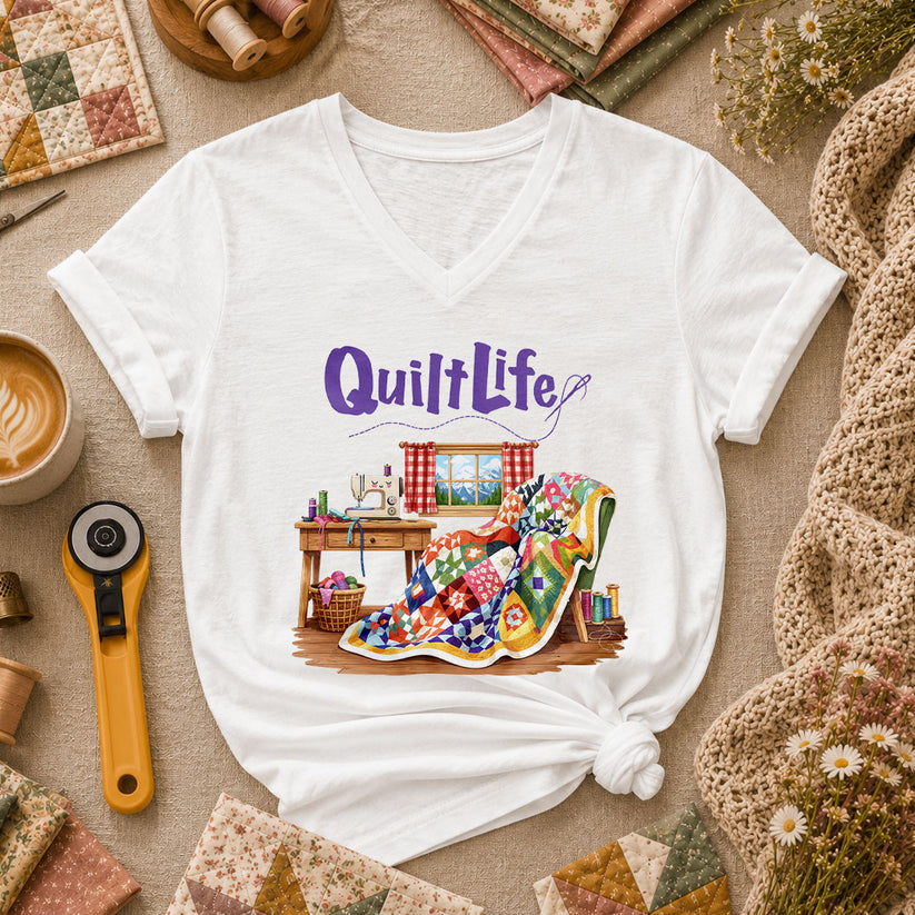 Quilt Life Cozy Sewing Machine Patchwork Women's V-Neck - White