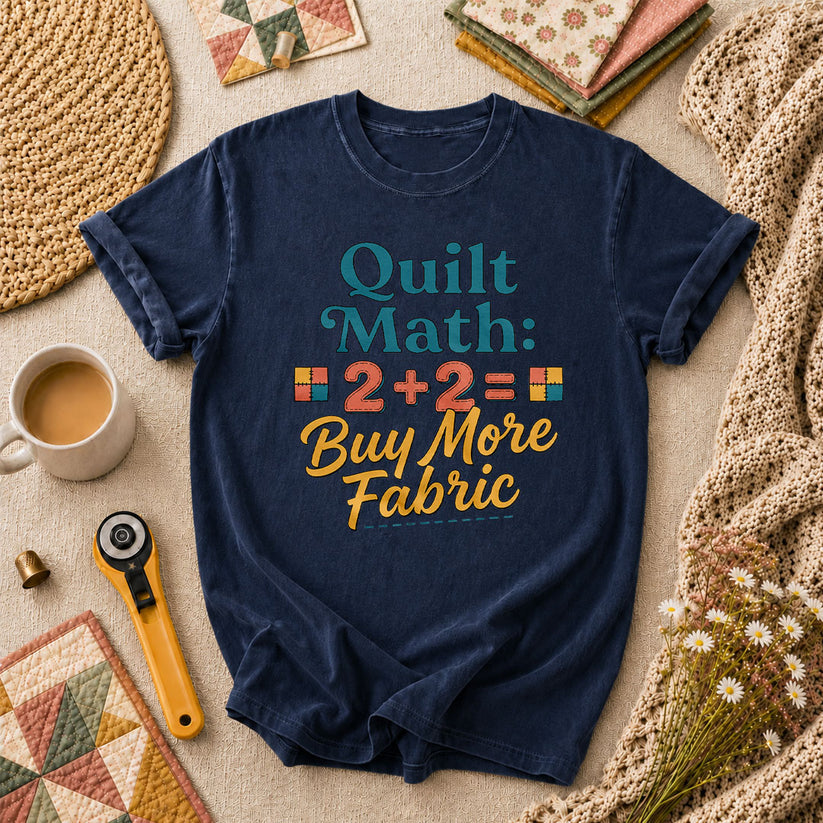 Quilt Math 2 Plus 2 Equals Buy More Fabric T-Shirt - Navy