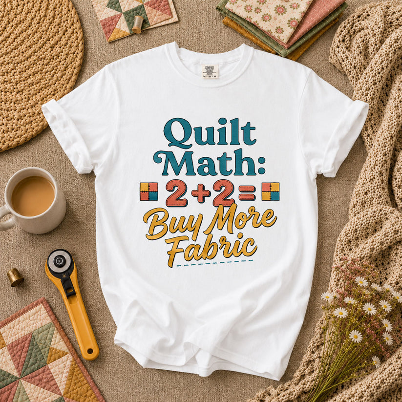 Quilt Math 2 Plus 2 Equals Buy More Fabric T-Shirt - White