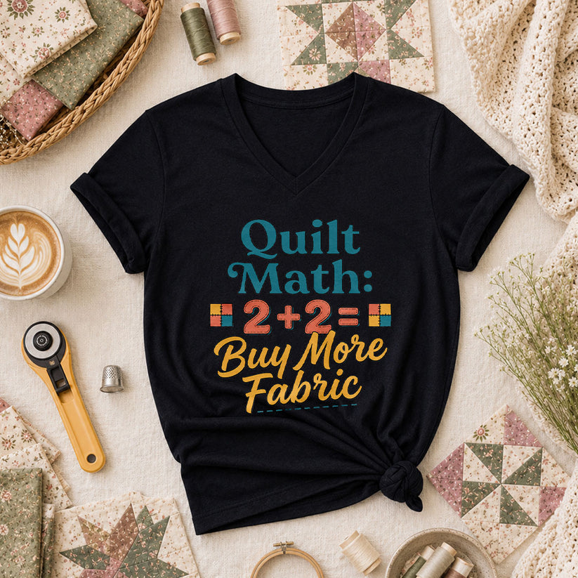 Quilt Math 2 Plus 2 Equals Buy More Fabric Women's V-Neck - Black