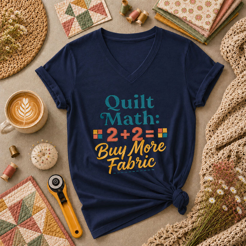 Quilt Math 2 Plus 2 Equals Buy More Fabric Women's V-Neck - Navy
