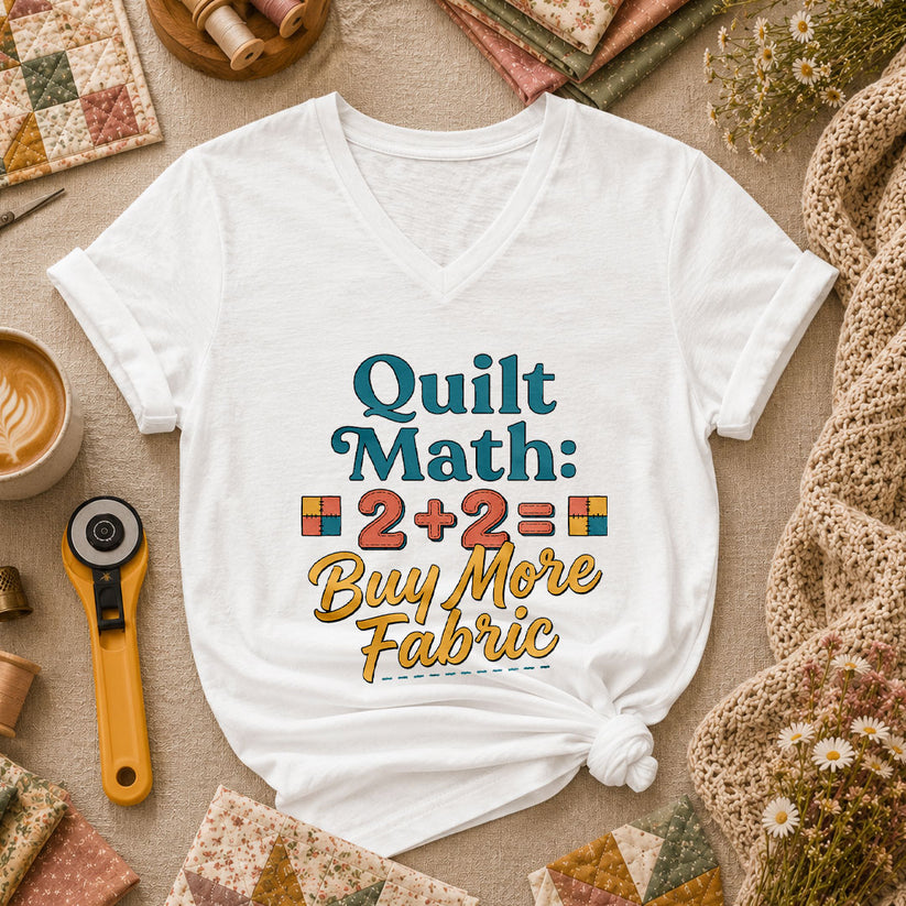 Quilt Math 2 Plus 2 Equals Buy More Fabric Women's V-Neck - White