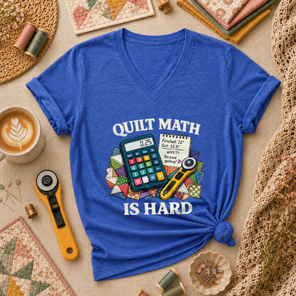 Quilt Math Is Hard Calculator Patchwork Funny Women's V-Neck - Heather True Royal
