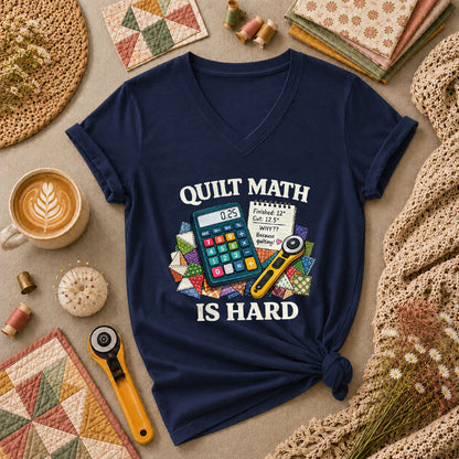 Quilt Math Is Hard Calculator Patchwork Funny Women's V-Neck - Navy