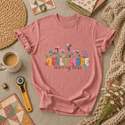 Quilt More Worry Less Flowers T-Shirt - Heather Mauve