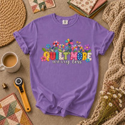 Quilt More Worry Less Flowers T-Shirt - Heather Team Purple