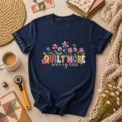 Quilt More Worry Less Flowers T-Shirt - Navy