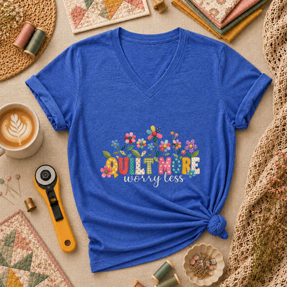 Quilt More Worry Less Flowers Women's V-Neck - Heather True Royal