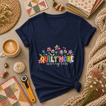 Quilt More Worry Less Flowers Women's V-Neck - Navy