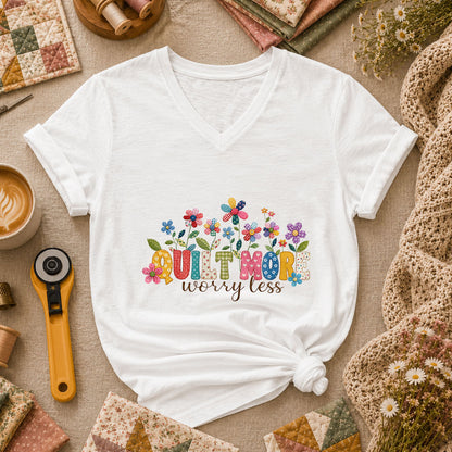 Quilt More Worry Less Flowers Women's V-Neck - White