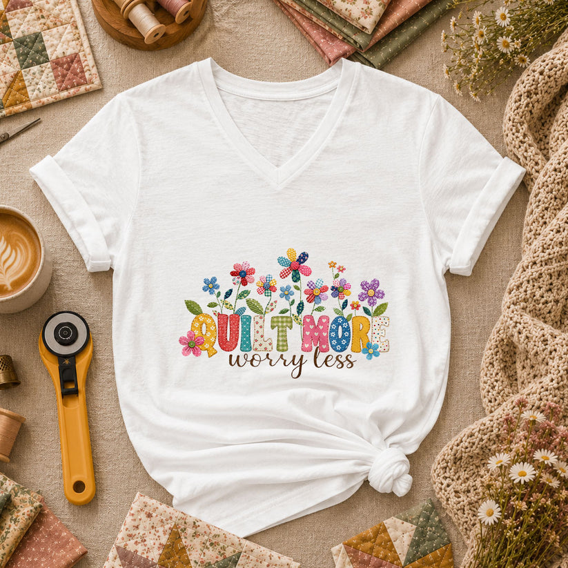 Quilt More Worry Less Flowers Women's V-Neck - White