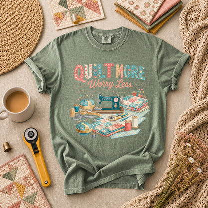 Quilt More Worry Less Sewing Workstation T-Shirt - Forest Green