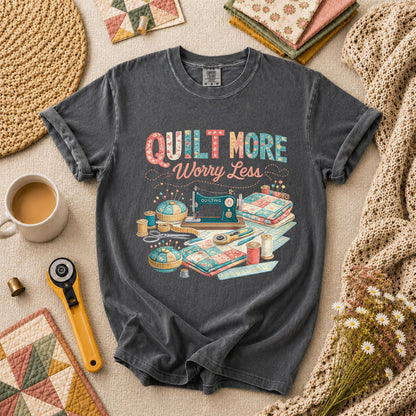 Quilt More Worry Less Sewing Workstation T-Shirt - Grey