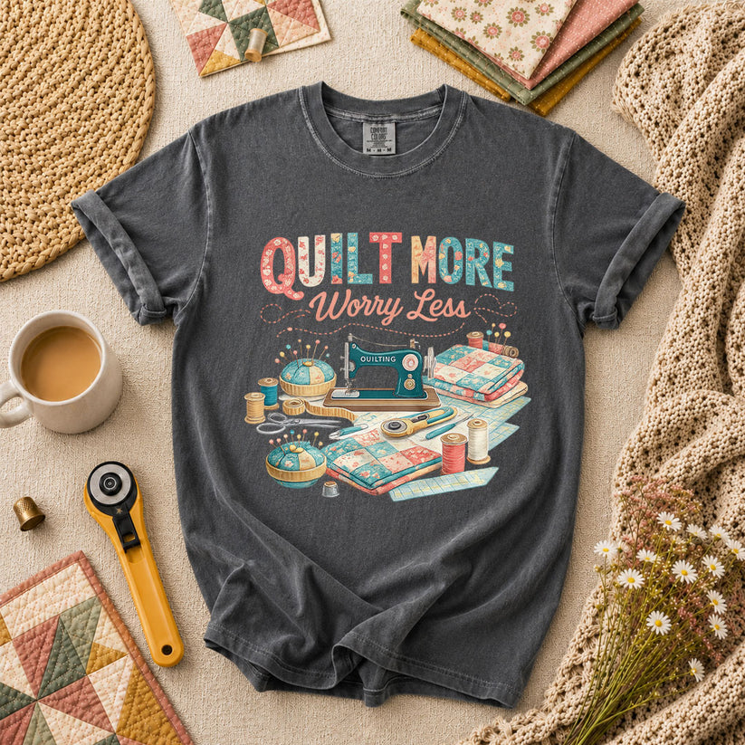 Quilt More Worry Less Sewing Workstation T-Shirt - Grey