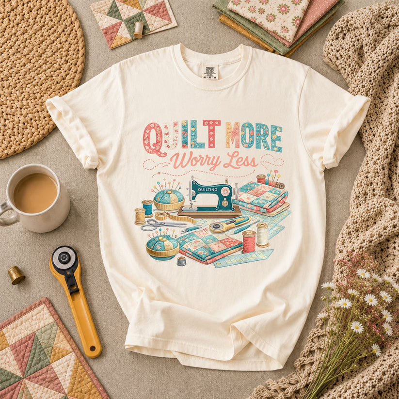 Quilt More Worry Less Sewing Workstation T-Shirt - Ivory