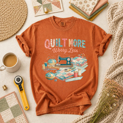 Quilt More Worry Less Sewing Workstation T-Shirt - Yam