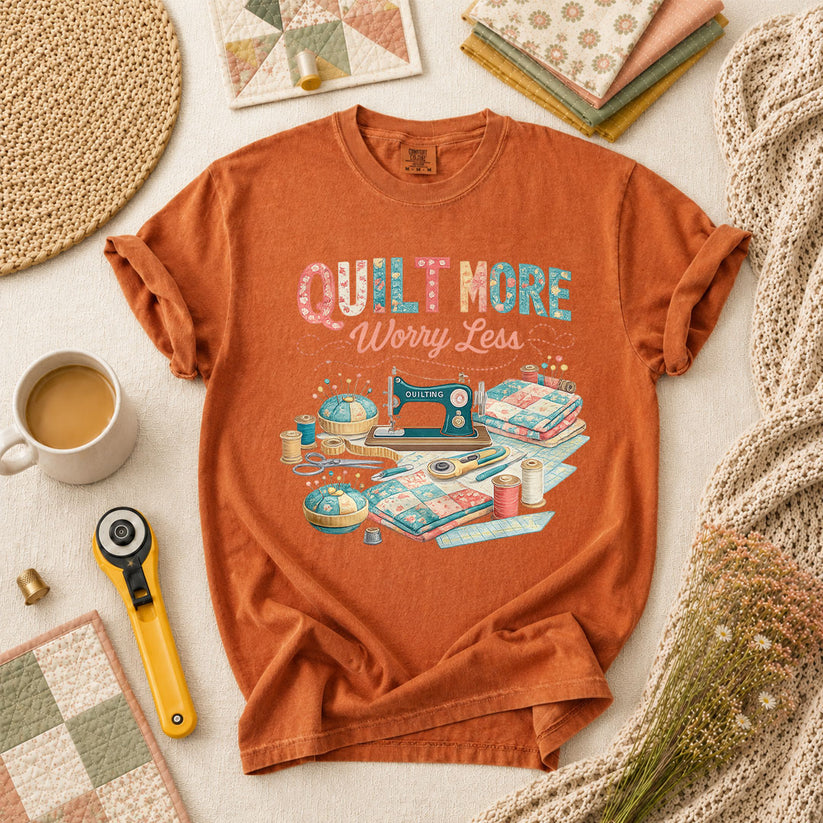 Quilt More Worry Less Sewing Workstation T-Shirt - Yam
