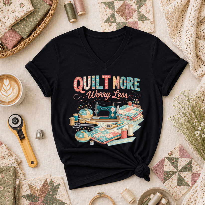 Quilt More Worry Less Sewing Workstation Women's V-Neck - Black