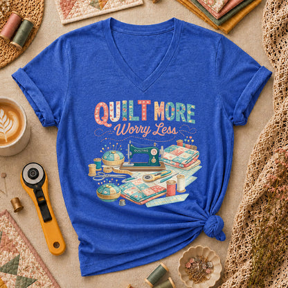 Quilt More Worry Less Sewing Workstation Women's V-Neck - Heather True Royal