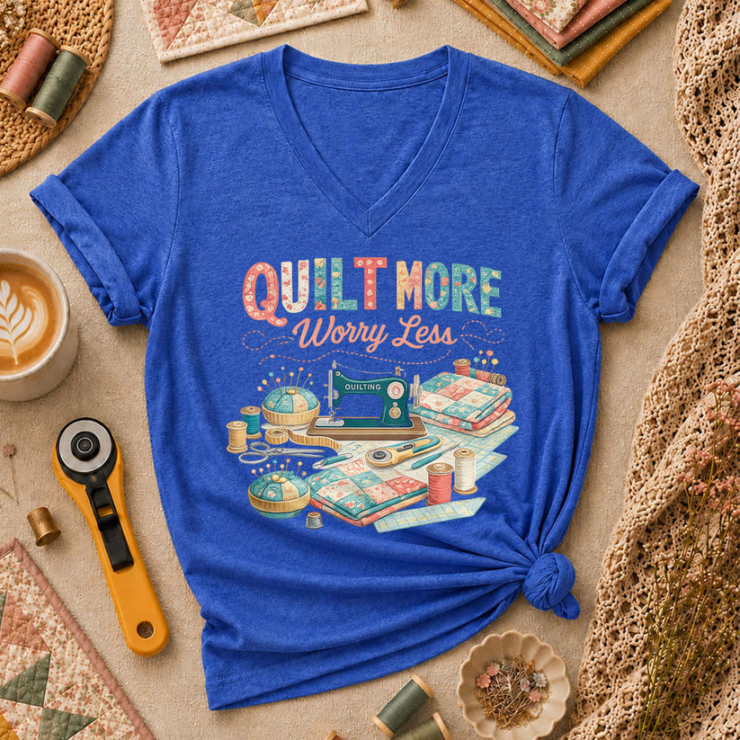 Quilt More Worry Less Sewing Workstation Women's V-Neck - Heather True Royal