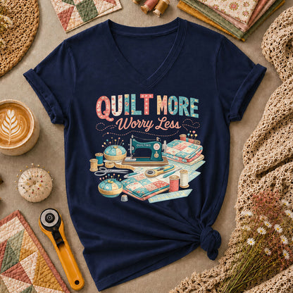 Quilt More Worry Less Sewing Workstation Women's V-Neck - Navy