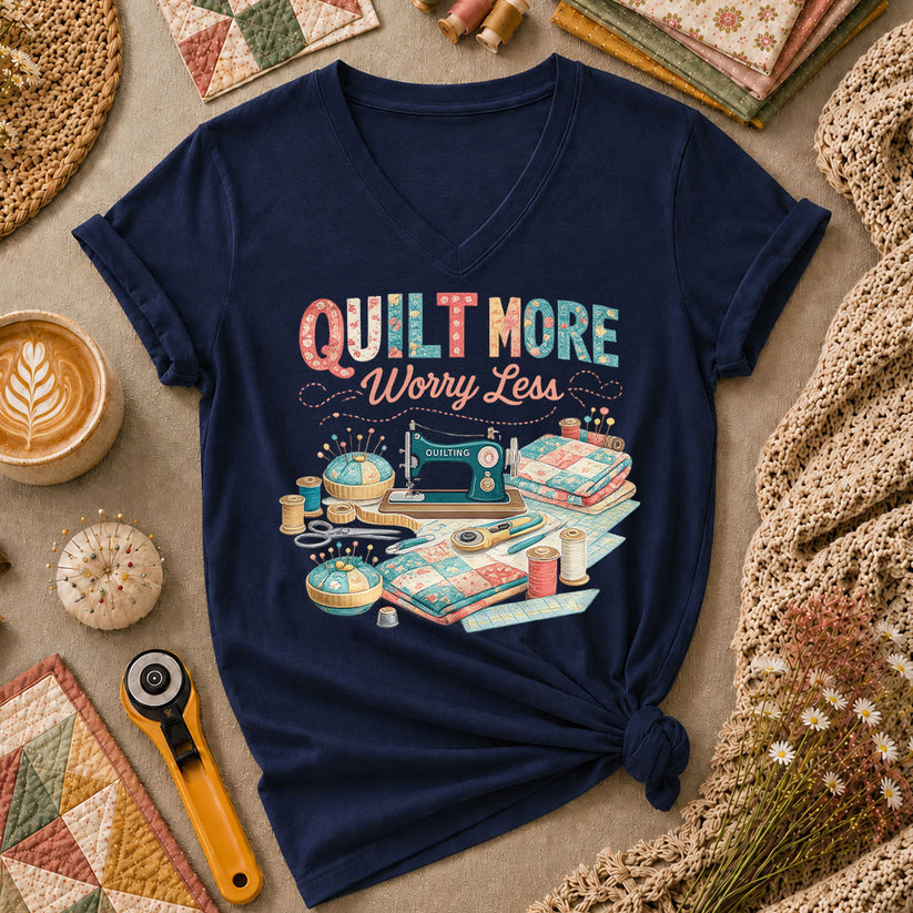 Quilt More Worry Less Sewing Workstation Women's V-Neck - Navy