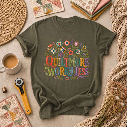 Quilt More Worry Less T-Shirt - Military Green