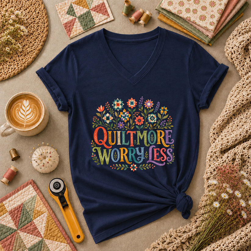 Quilt More Worry Less Women's V-Neck - Navy