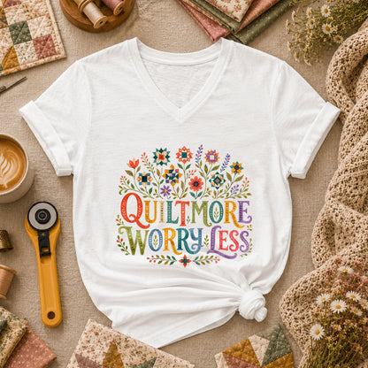 Quilt More Worry Less Women's V-Neck - White