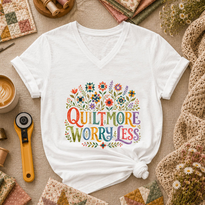 Quilt More Worry Less Women's V-Neck - White