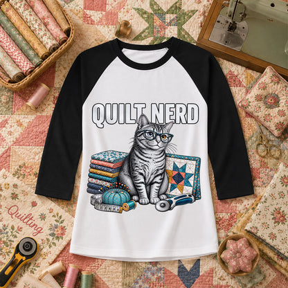 Quilt Nerd Glasses Cat Fabric Raglan Sleeve - Black