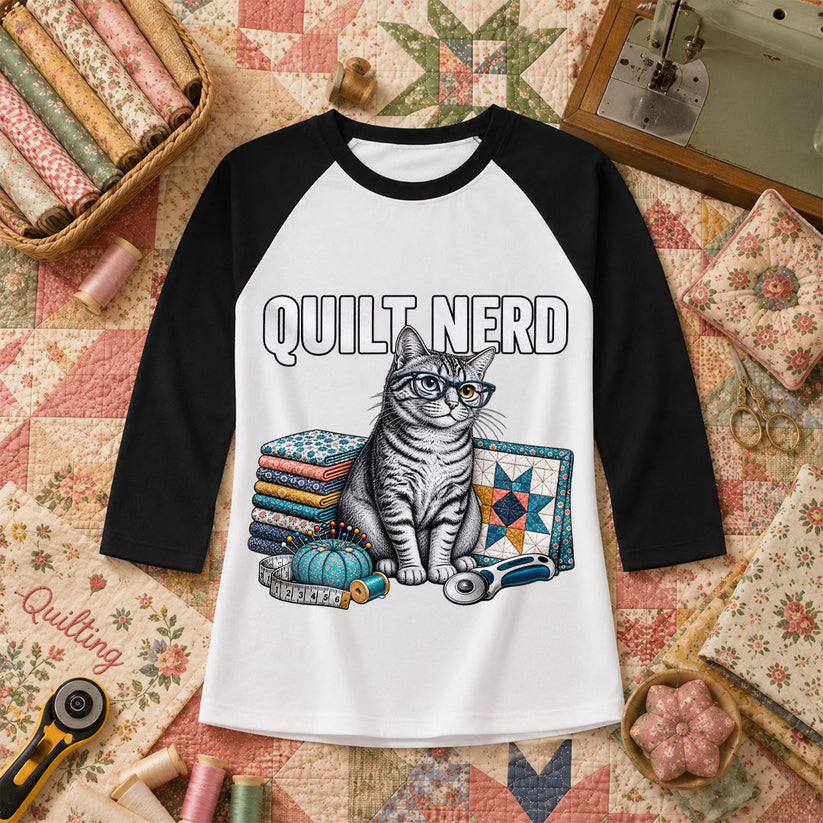 Quilt Nerd Glasses Cat Fabric Raglan Sleeve - Black