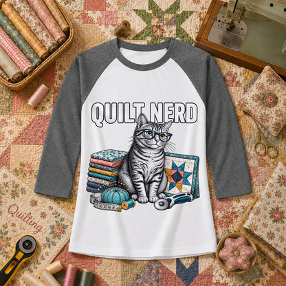 Quilt Nerd Glasses Cat Fabric Raglan Sleeve - Deep Heather
