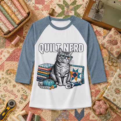 Quilt Nerd Glasses Cat Fabric Raglan Sleeve - Denim