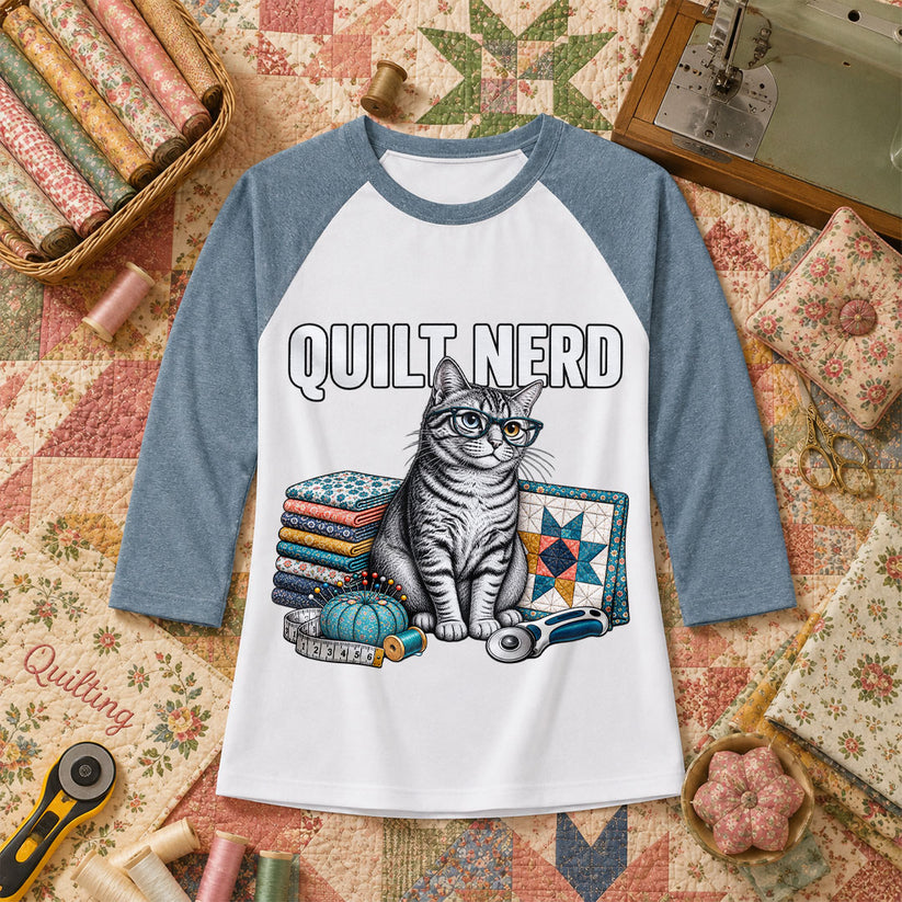 Quilt Nerd Glasses Cat Fabric Raglan Sleeve - Denim