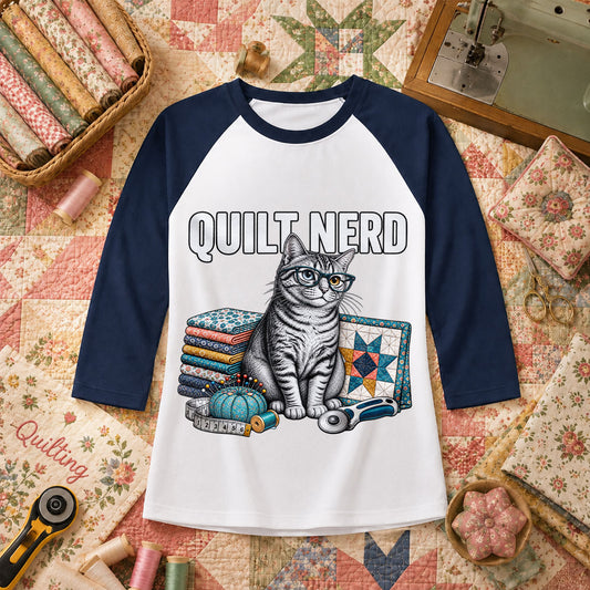 Quilt Nerd Glasses Cat Fabric Raglan Sleeve - Navy