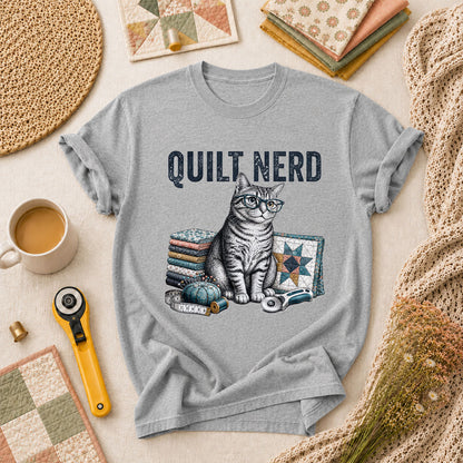 Quilt Nerd Glasses Cat Fabric T-Shirt - Athletic Heather