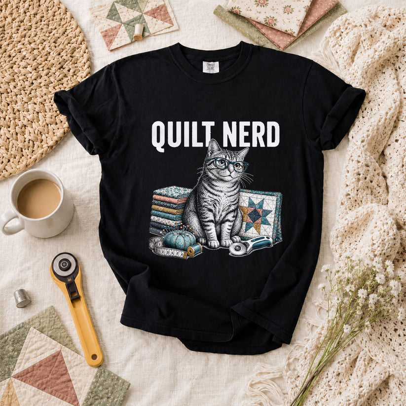 Quilt Nerd Glasses Cat Fabric T-Shirt - Black