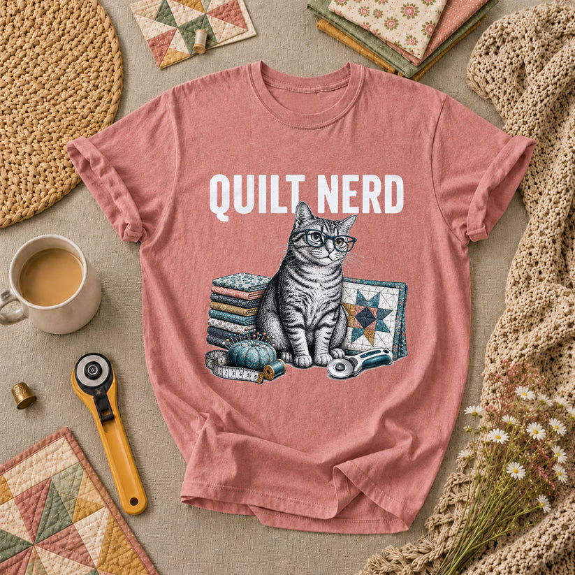 Quilt Nerd Glasses Cat Fabric T-Shirt - Heather Mauve