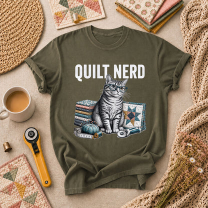 Quilt Nerd Glasses Cat Fabric T-Shirt - Military Green