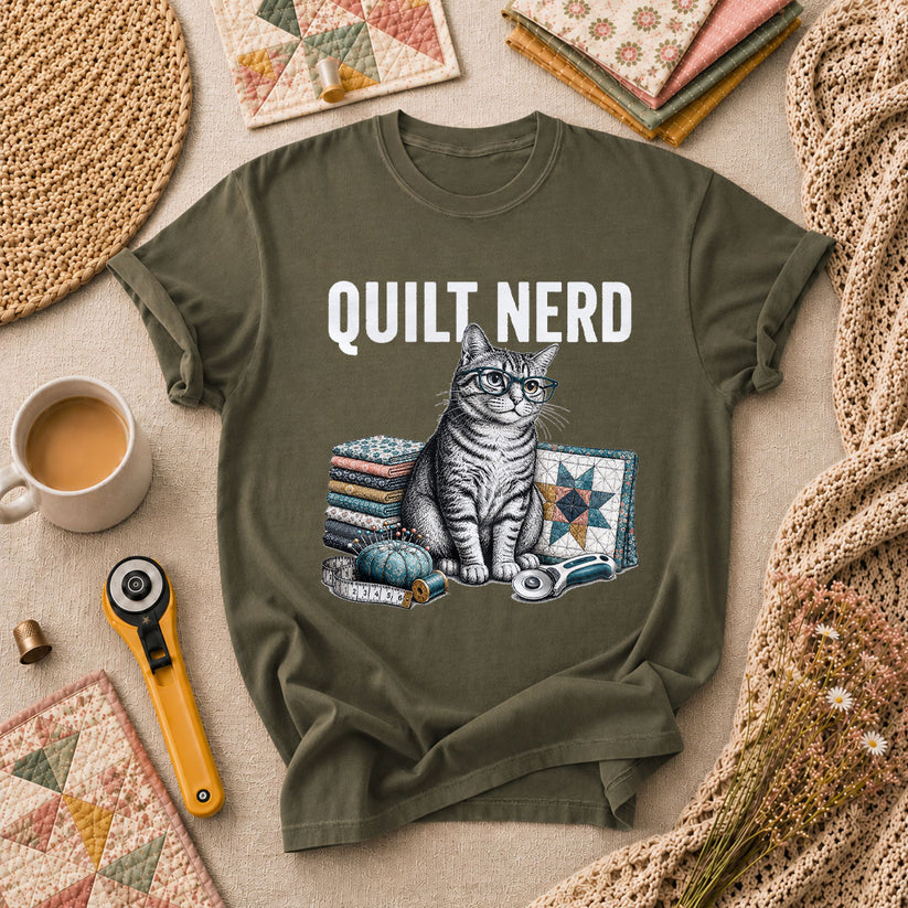 Quilt Nerd Glasses Cat Fabric T-Shirt - Military Green