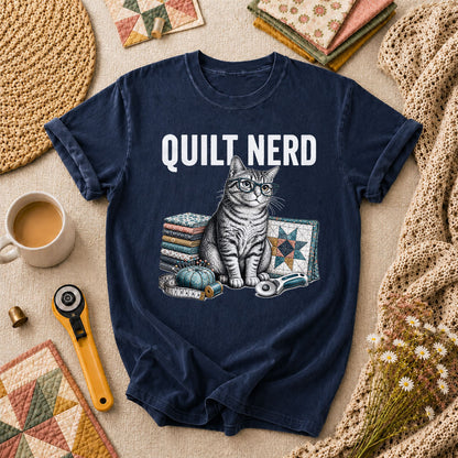 Quilt Nerd Glasses Cat Fabric T-Shirt - Navy