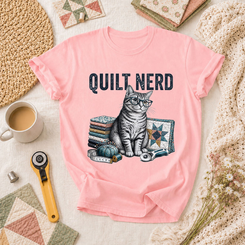 Quilt Nerd Glasses Cat Fabric T-Shirt - Pink