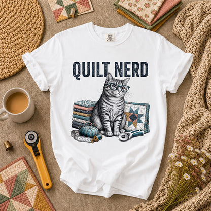 Quilt Nerd Glasses Cat Fabric T-Shirt - White