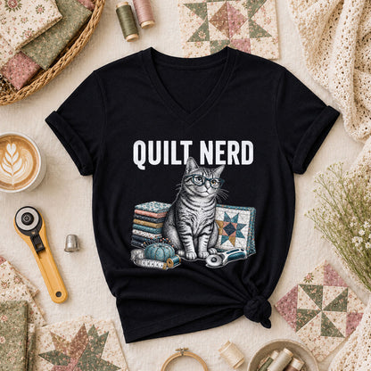 Quilt Nerd Glasses Cat Fabric Women's V-Neck - Black