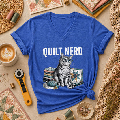 Quilt Nerd Glasses Cat Fabric Women's V-Neck - Heather True Royal