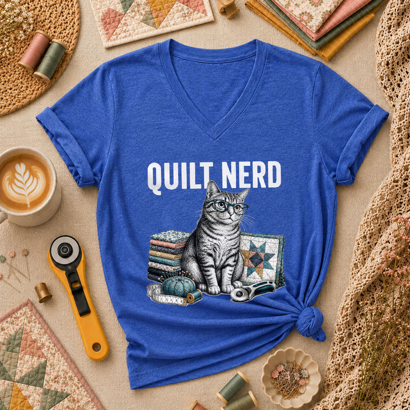 Quilt Nerd Glasses Cat Fabric Women's V-Neck - Heather True Royal