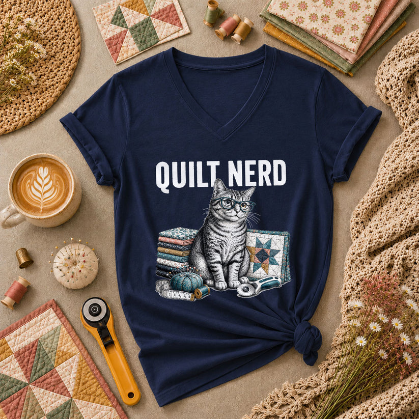 Quilt Nerd Glasses Cat Fabric Women's V-Neck - Navy